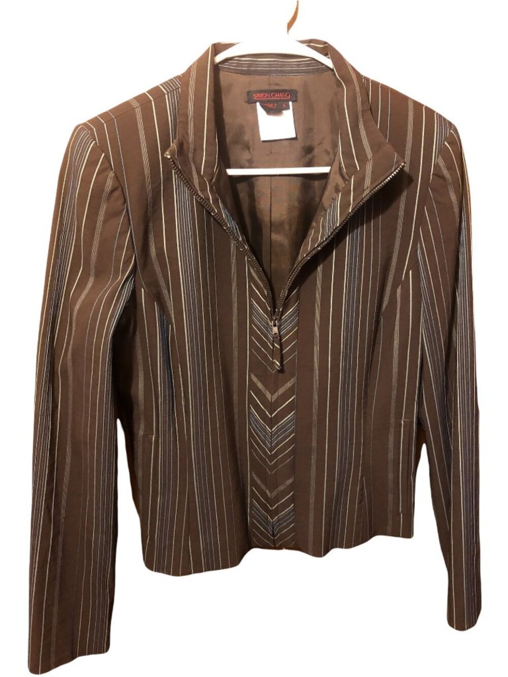 Grandpa Teacher Business Pinstripe Brown Light Weight Zip Front Blazer Sz 6